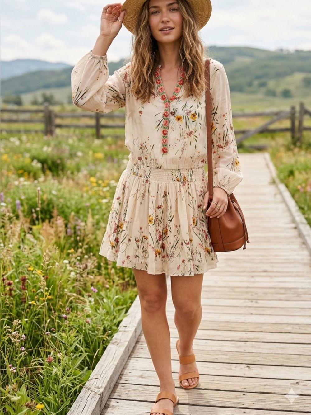 Sundance Floral Mini Dress Smocked Waist Embroidered V-Neck Boho Beige Small